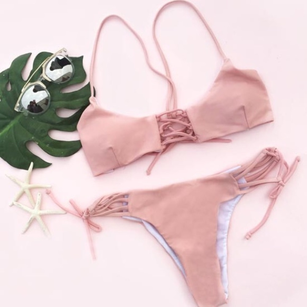 Cupshe | Bubblegum Pink lace Up Bikini | L